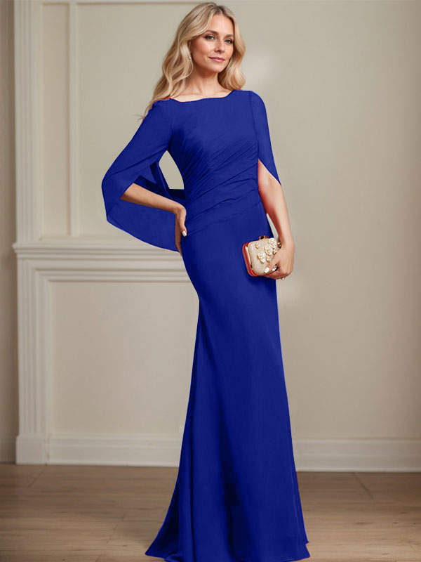 Trompeten-/Meerjungfrauen-Chiffonkleid mit Bootsausschnitt, bodenlang, plissiert, Brautmutterkleid