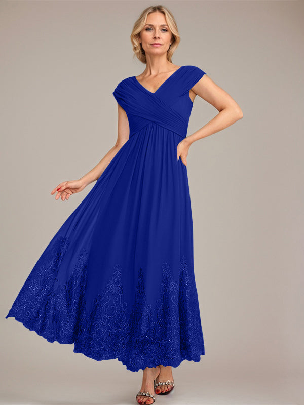 A-Linien V-Ausschnitt Knöchellanges Chiffon Kleid der Brautmutter mit Applikationen und Pailletten