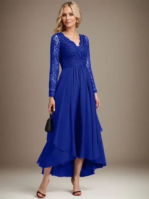 Vestido de madre de la novia en línea A con escote en V, encaje y gasa asimétrica