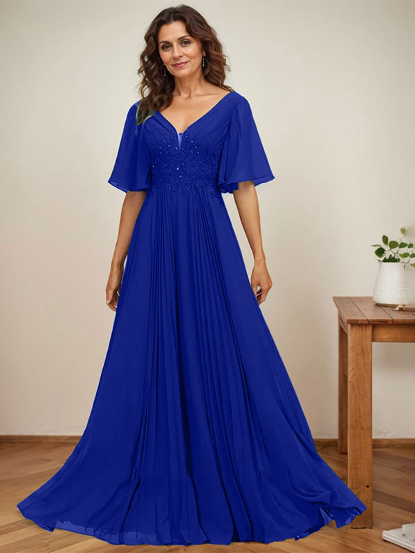 A-Linien V-Ausschnitt bodenlanges Chiffon Mutterkleid der Braut mit Pailletten-Applikationen, Spitze und Falten