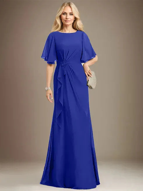 A-Linien Rundhals bodenlanges Chiffon Mutter der Braut Kleid mit kaskadierenden Rüschen Perlen Pailletten