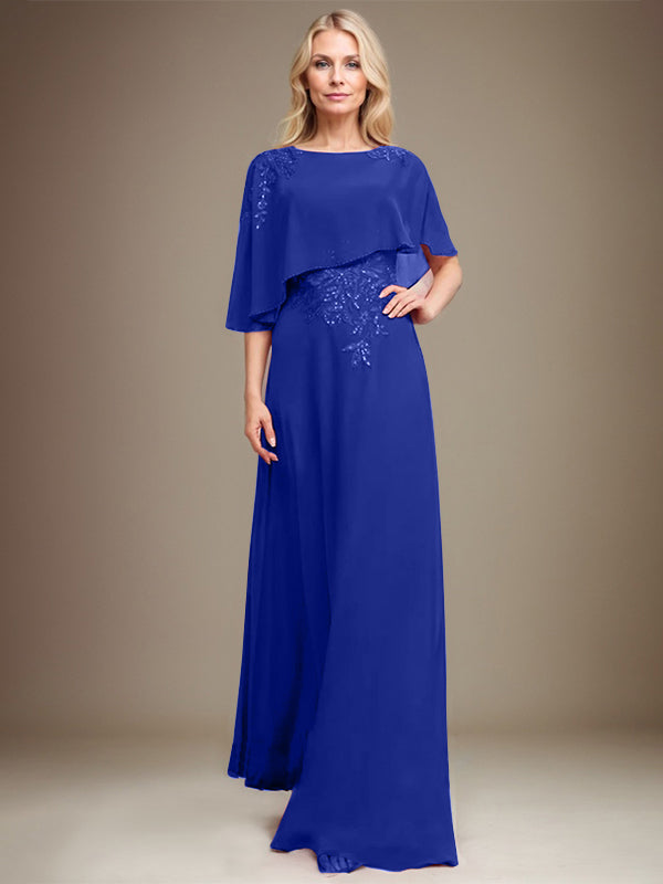 A-Linie Rundhals Bodenlanges Chiffon-Spitzenkleid für die Brautmutter mit Pailletten und Perlen