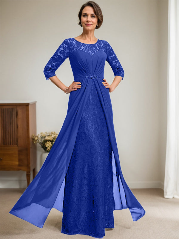 A-Linien Rundhalsausschnitt Illusions-Bodenlanges Spitzen-Chiffonkleid für die Brautmutter mit Perlen und Volants