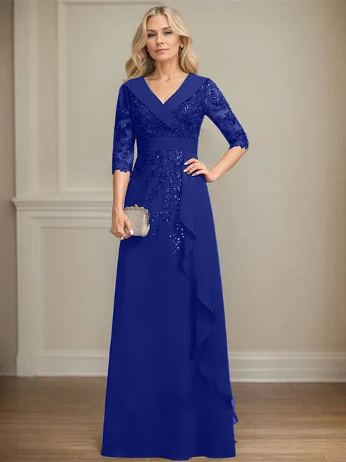 A-Linien Kleid mit Kragen, V-Ausschnitt, bodenlang, aus Spitze und Chiffon, Mutter der Braut Kleid mit Pailletten und fallenden Rüschen