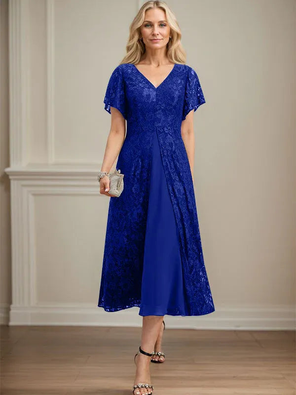 Robe mère de la mariée ligne A en dentelle et mousseline à col en V longueur thé