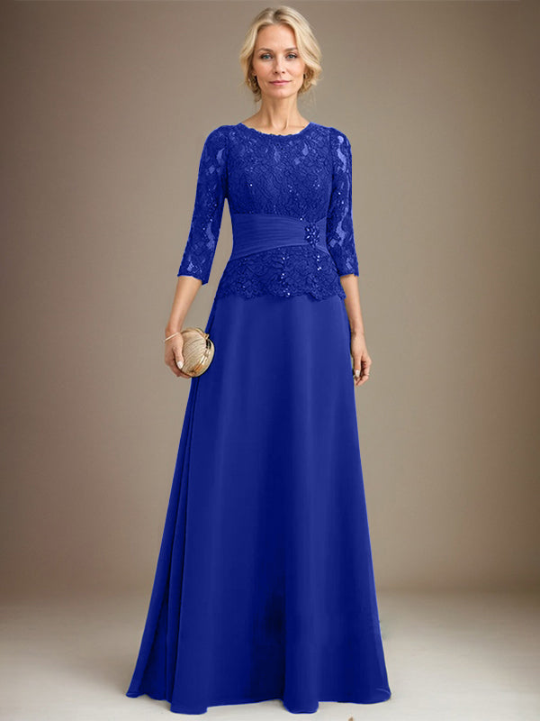 A-Linien Kleid mit Scoop-Ausschnitt, Illusion, bodenlangem Chiffon und Spitze, Mutter-der-Braut-Kleid mit plissierten Pailletten und Perlenbesatz