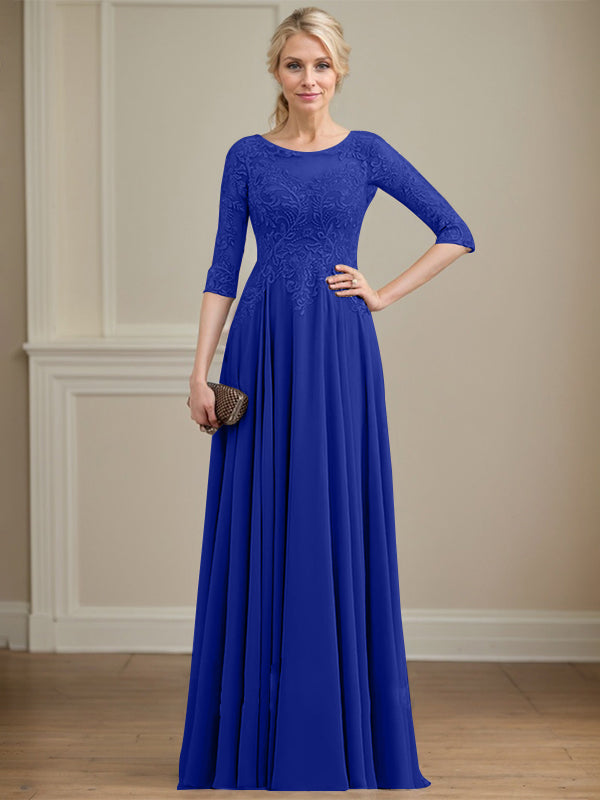 A-line Scoop Illusion Floor-Length Lace Chiffon Mother of the Bride Dress With Sequins