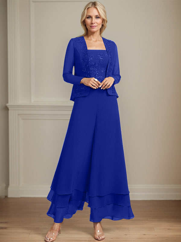 Zweiteiler Jumpsuit/Hosenanzug quadratisch knöchellang Spitze Chiffon Brautmutterkleid mit Pailletten