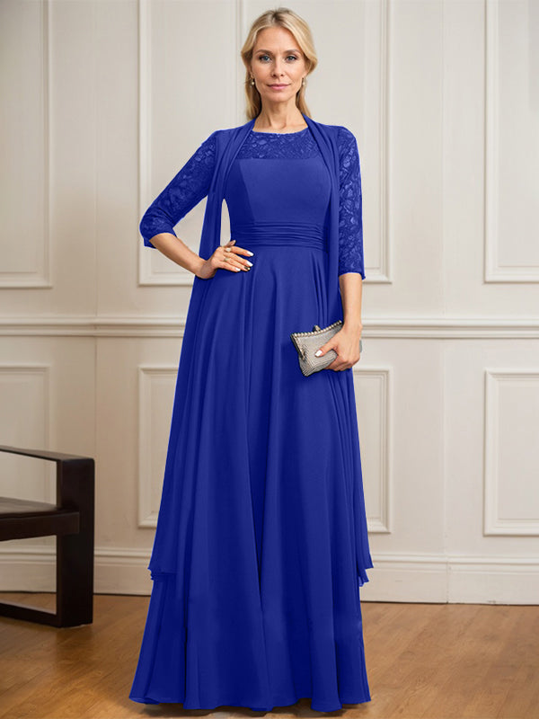 A-Linien Kleid mit Rundhalsausschnitt, Illusion, bodenlang aus Spitze und Chiffon, Mutter-der-Braut-Kleid mit Faltenwurf