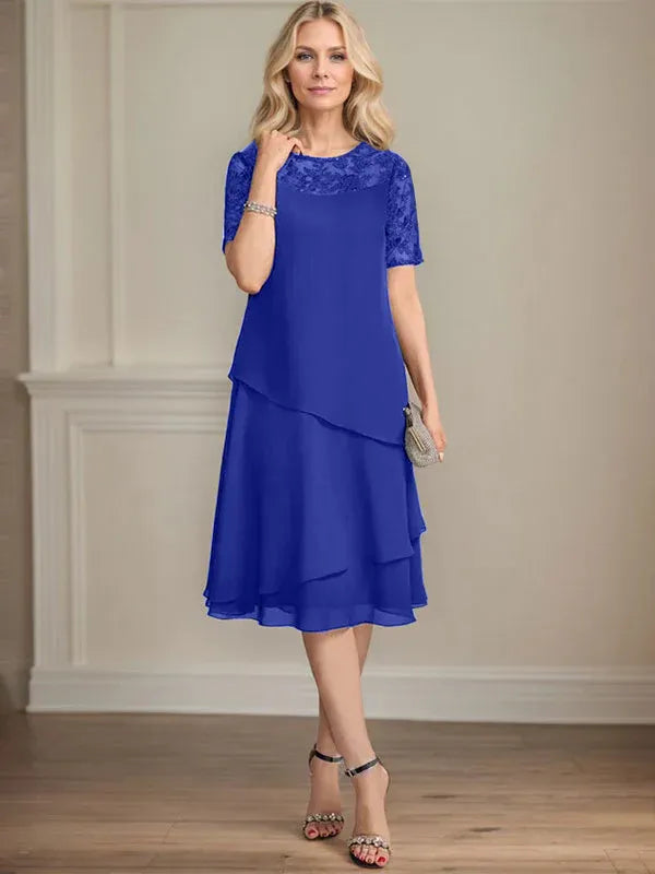 A-Linien Rundhals Illusions-Knie-Länge Spitzen-Chiffon Kleid für die Brautmutter mit Pailletten