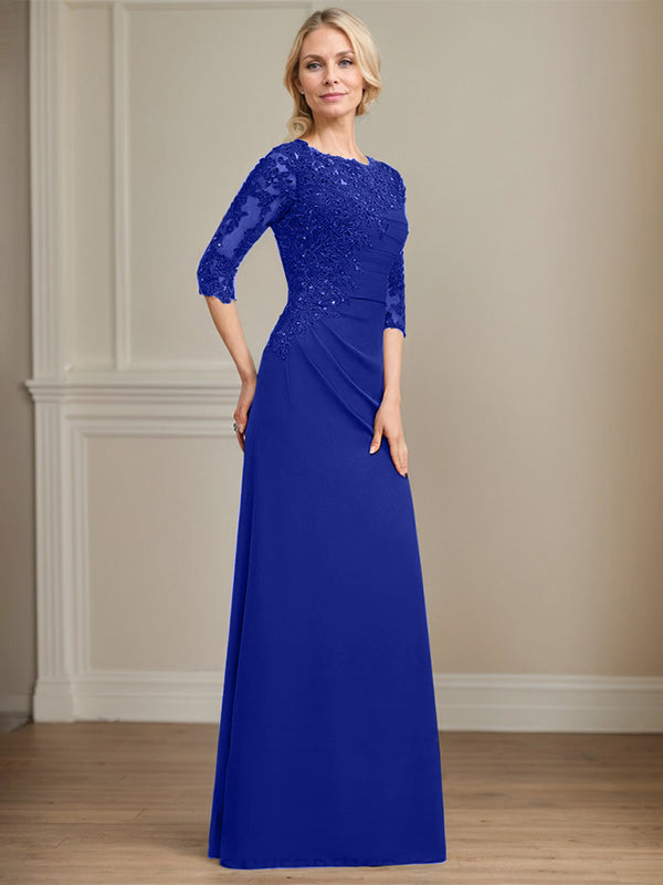 A-Linie Rundhals bodenlanges Chiffon Spitzen Brautmutterkleid mit Perlen Falten Pailletten