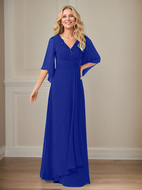 A-Linien V-Ausschnitt langes Pailletten-Chiffon Mutterkleid