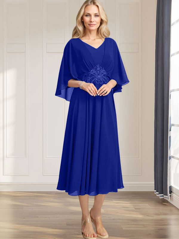 Robe de mère de la mariée en mousseline, longueur thé, col en V, en ligne A, avec appliques plissées, sequins, dentelle et perles