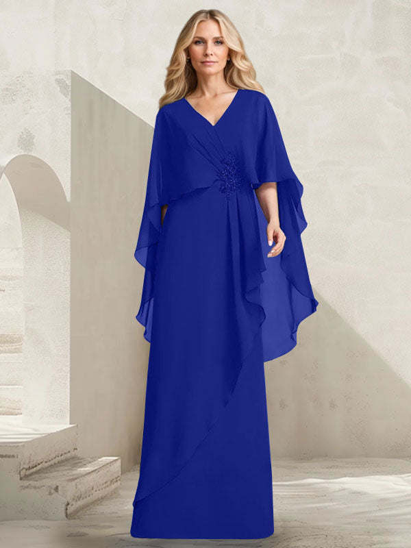 Robe mère de la mariée longue en chiffon coupe trapèze à col en V avec volants en cascade et perles