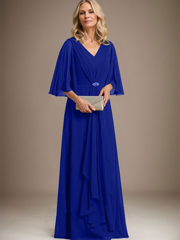 A-Linien V-Ausschnitt Bodenlanges Chiffon Kleid für die Brautmutter mit kaskadierenden Rüschen und Kristallbrosche