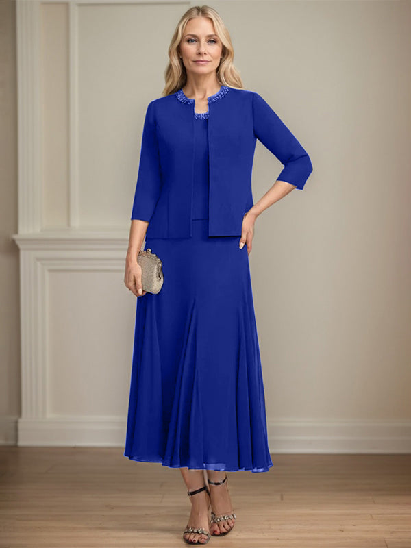 Separates A-Linien Chiffonkleid mit Rundhalsausschnitt, tea-length, Mutter der Braut mit Pailletten und Perlen