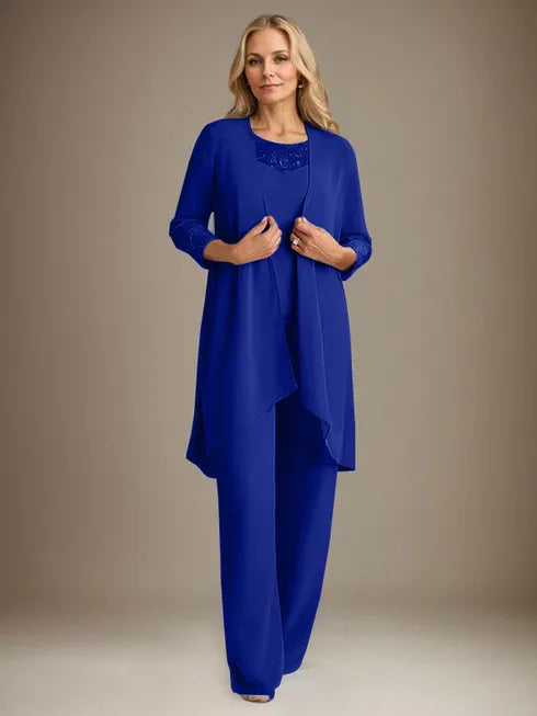 Chiffon Kleid mit Rundhalsausschnitt und langen Ärmeln, Mutter-der-Braut Hosenanzug mit Jacke