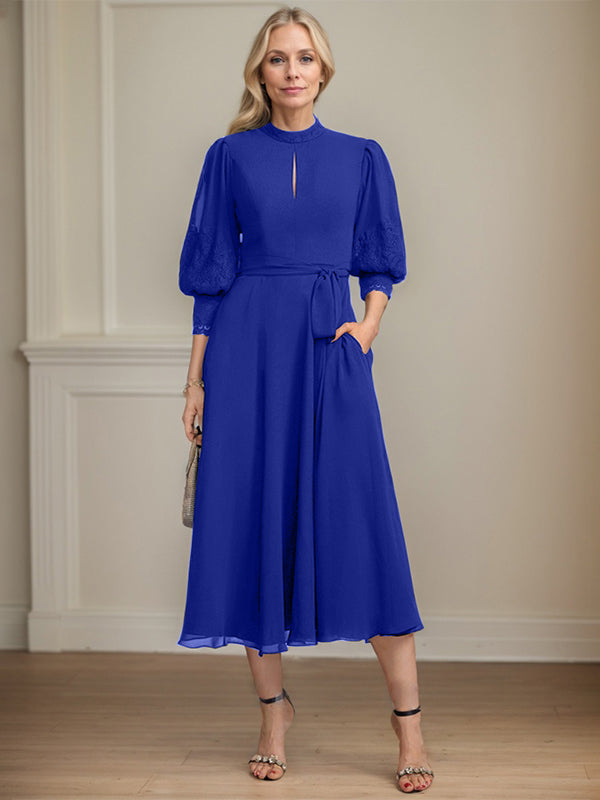 A-Linien Kleid mit hohem Kragen, tea-länge, Spitze und Chiffon, Brautmutterkleid mit Schleife