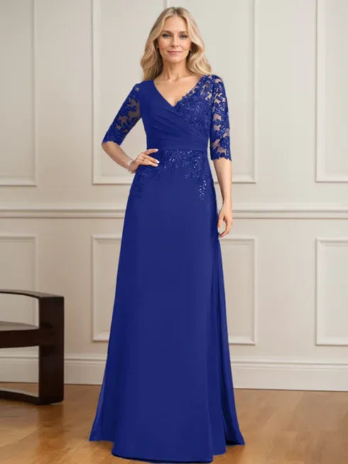 A-Linien V-Ausschnitt bodenlanges Spitzen-Chiffon Kleid der Brautmutter mit plissierten Pailletten