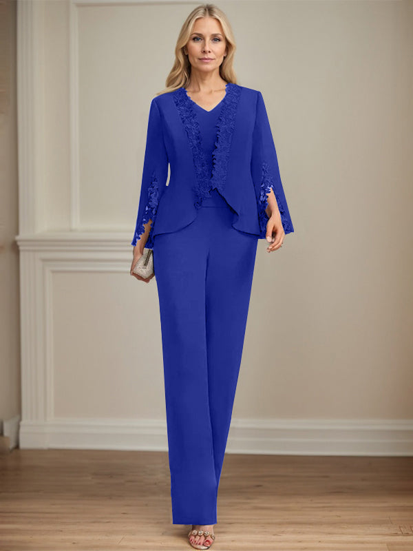 Zweiteiler Jumpsuit/Hosenanzug V-Ausschnitt bodenlanges Chiffon Mutter der Braut Kleid