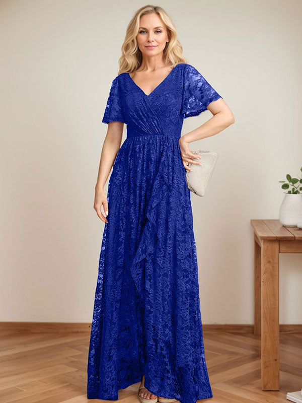 A-Linien Spitzen-Mutter-der-Braut-Kleid mit V-Ausschnitt, asymmetrisch und mit kaskadierenden Rüschen