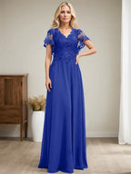 A-Linien V-Ausschnitt Bodenlanges Spitzen-Chiffon Kleid für die Brautmutter mit Pailletten