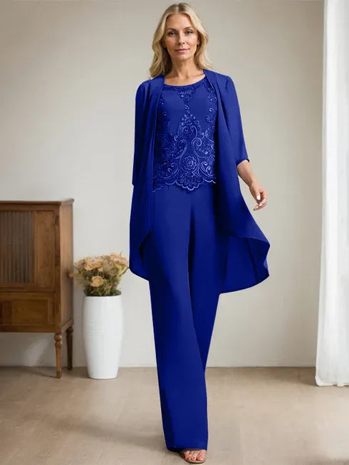 Zweiteiler Jumpsuit/Hosenanzug mit Rundhalsausschnitt, bodenlanges Chiffon-Spitzenkleid für die Mutter der Braut mit Perlen und Pailletten