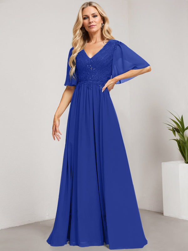 Robe mère de la mariée ligne A col en V longue en dentelle et chiffon avec sequins
