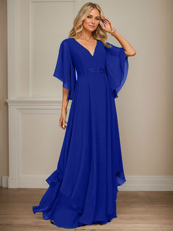 A-Linien V-Ausschnitt bodenlanges Chiffon-Mutter-der-Braut-Kleid mit Pailletten-Applikationen, Spitze und Perlen