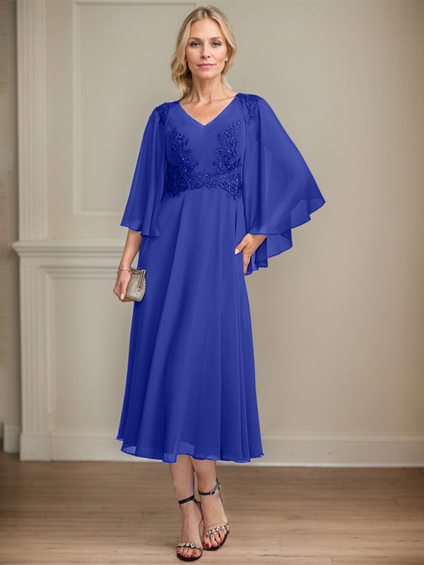 A-Linien-Brautmutterkleid aus Chiffon, V-Ausschnitt, tea-length mit Spitze, Pailletten und Perlen