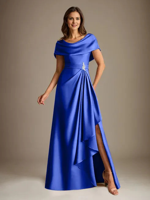 A-Linien-Kleid mit Rundhalsausschnitt, bodenlang, aus Stretch-Satin, Brautmutterkleid mit fallenden Rüschen