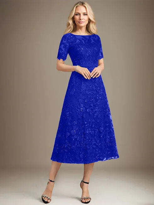 A-Linien Rundhals Illusions-Tea-Length Spitzenkleid der Brautmutter mit Pailletten