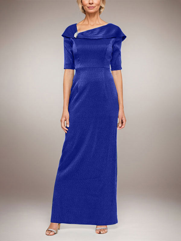 Langes schimmerndes Säulenkleid mit umgeschlagenem Ärmelbündchen, L-Ausschnitt und Ellbogenärmeln