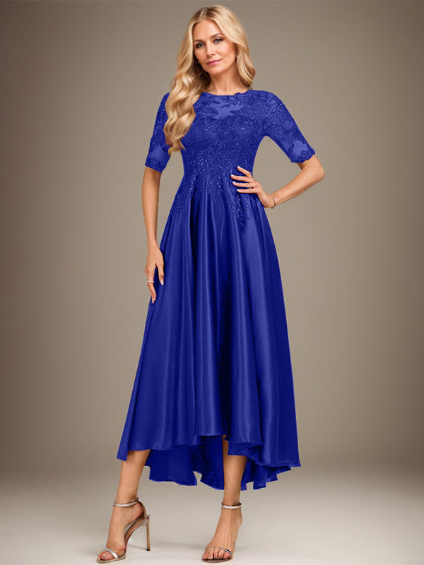 A-Linie Rundhalsausschnitt Illusion Asymmetrisches Stretch-Satin-Spitzen-Brautmutterkleid mit Pailletten