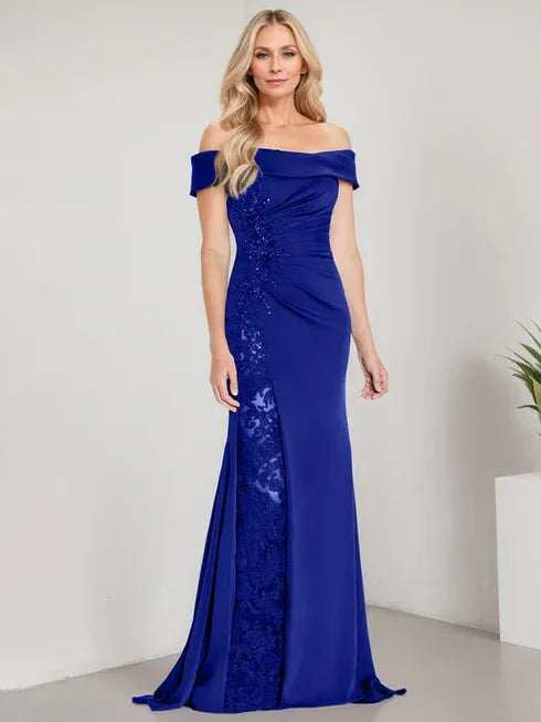 A-Linien Schulterfreies bodenlanges Brautmutterkleid mit Applikationen und Perlenbesatz Meerjungfrauenkleid mit hohem Schlitz