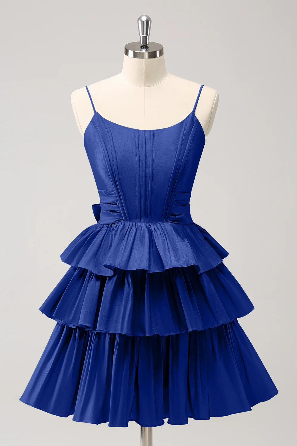 A-Linien Corsagen-Kleid mit Spaghettiträgern, gestuften Rüschen und Schleife für den Abschlussball