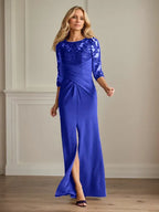 Pflaumenfarbenes eng anliegendes Spitzen Stretch Krepp Kleid für die Brautmutter