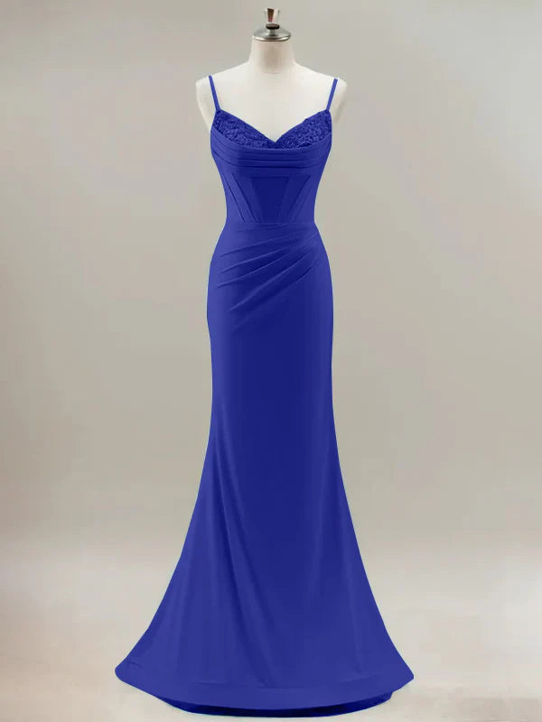 Abito da ballo lungo modello sirena blu reale con spalline sottili e corsetto decorato con perline