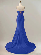 Royal Blue Mermaid Strapless Sweetheart Corset Long Prom Dress with Slit