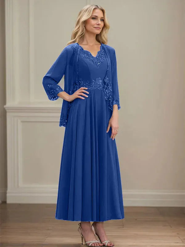 A-Linien Kleid mit V-Ausschnitt, knöchellang, aus Chiffon, Mutter der Braut Kleid mit Pailletten, Applikationen, Spitze und Perlenbesatz