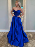 Royal Blue A-Line Strapless Pleated Satin Long Prom Dress