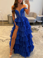 Royal Blue A Line Off The Shoulder Tiered Long Prom Dress with Slit
