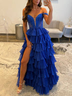 Royal Blue A Line Off The Shoulder Tiered Long Prom Dress with Slit