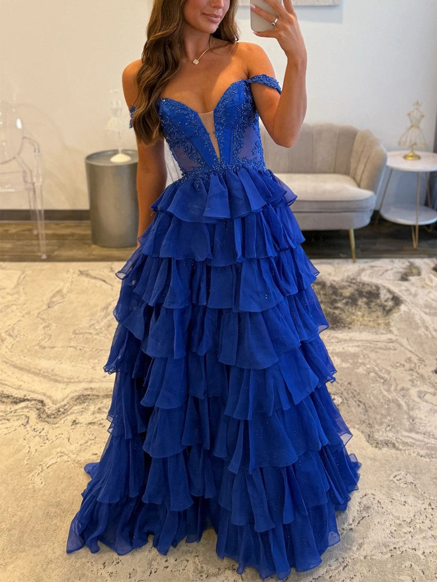 Royal Blue A Line Off The Shoulder Tiered Long Prom Dress with Slit
