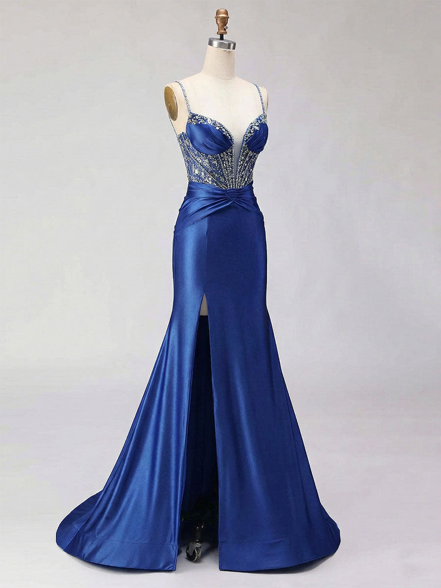 Robe de bal en satin bleu royal avec corset perlé et fente haute