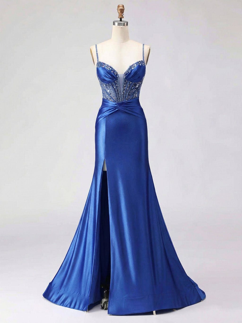 Robe de bal en satin bleu royal avec corset perlé et fente haute