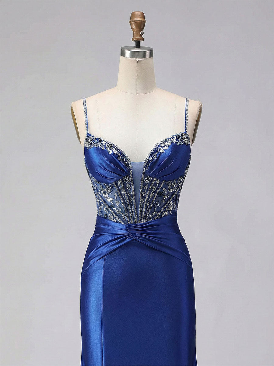 Robe de bal en satin bleu royal avec corset perlé et fente haute