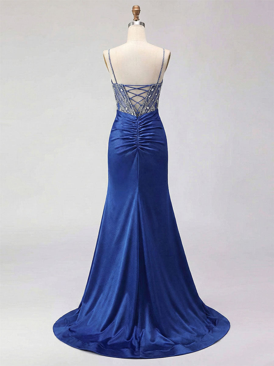 Robe de bal en satin bleu royal avec corset perlé et fente haute