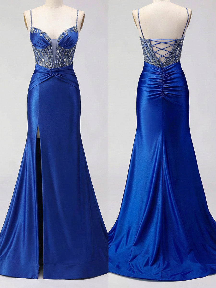 Robe de bal en satin bleu royal avec corset perlé et fente haute