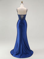 Royal Blue Mermaid Beaded Appliqued Corset Prom Dress with Slit